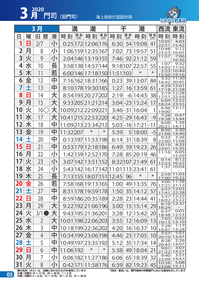 潮汐表 潮見表 ミナガワ釣具店福岡